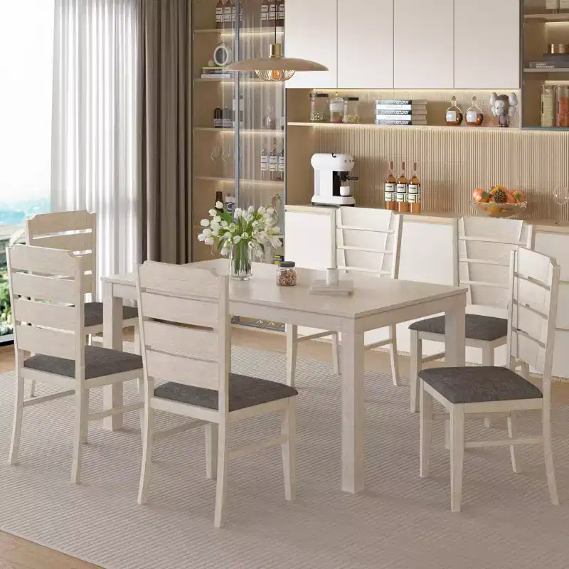 VECELO Farmhouse Style 7-Piece Dining Table Set for 6, Rubber Wood Table with 6 Upholstered Dining Chairs, Gray