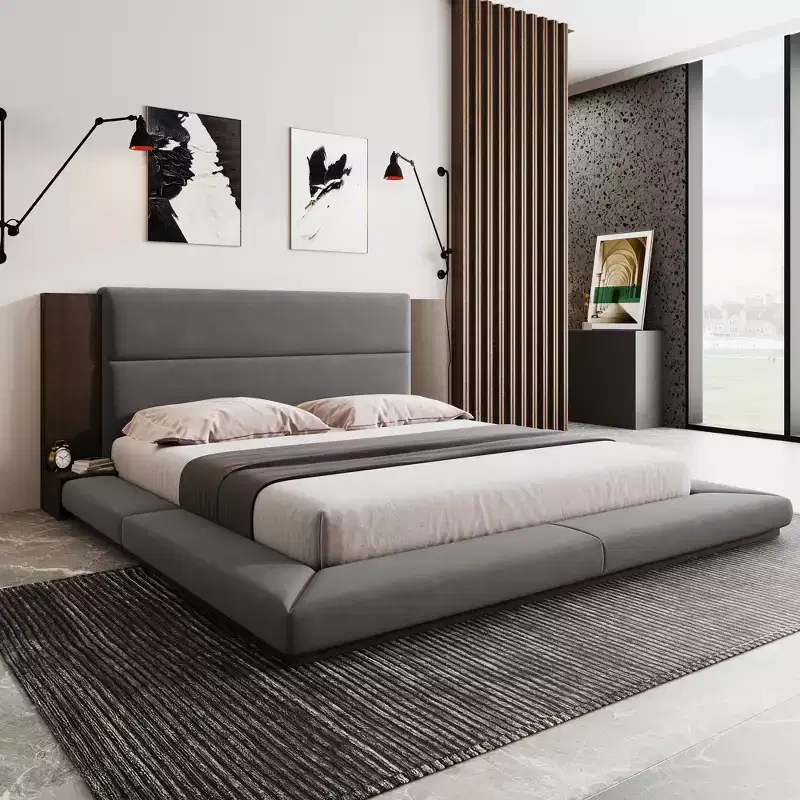Queen/King Size Floor Upholstered Platform Bed Frame with Upholstered Headboard and Bedside Table, No Box Spring Needed, Grey