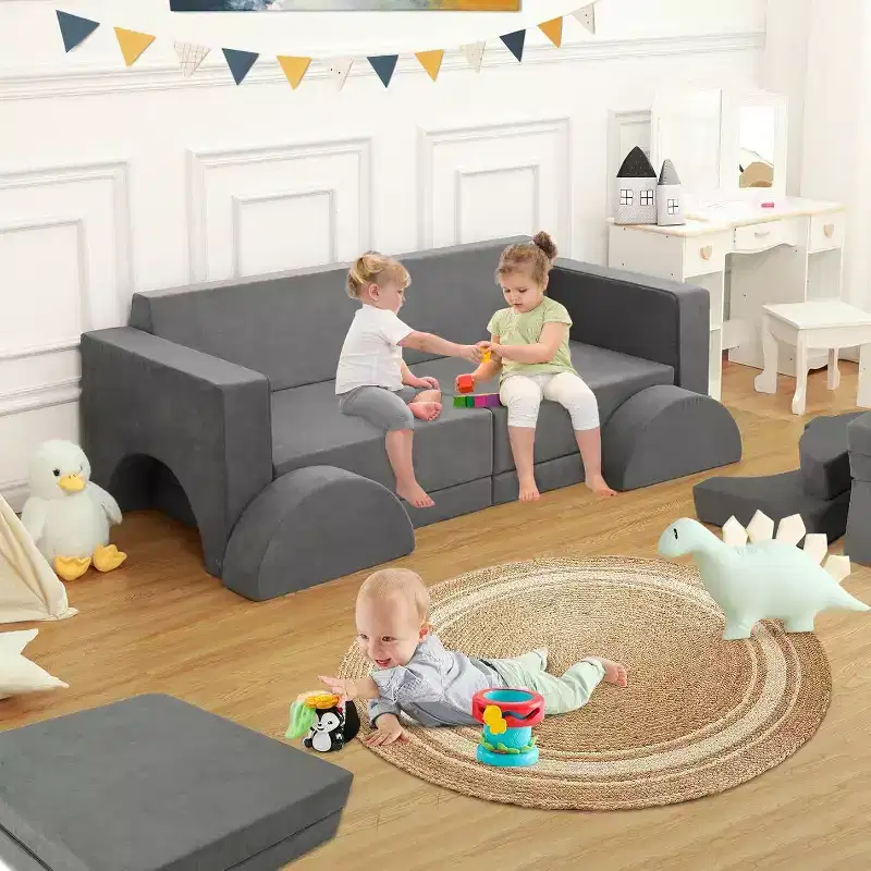 Acekool Kids Modular Sofa, 8-Piece Play Couch Set, Convertible Foam Sofa for Bedroom & Playroom, Washable, Gray