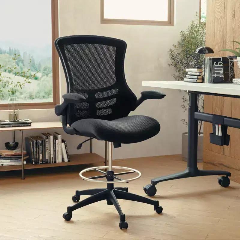 Emma and Oliver Mid-Back Black Mesh Ergonomic Draft Chair - Adjustable Ring & Flip-Up Arms