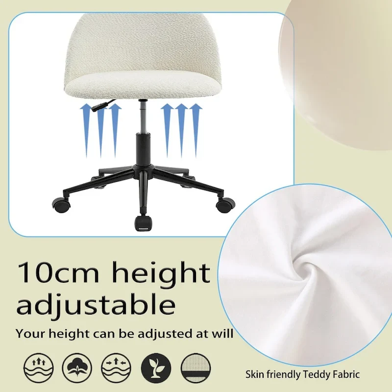Boucle Office Chair Desk Chair, Mid-Back Adjustable Swivel Computer Chair with Black Legs, Upholstered Desk Chair with Wheels