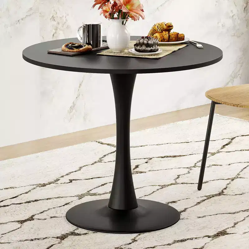 PexFix 31.5 Modern Round Dining Tulip Table for 2-4 People Black Wood Tabletop with Metal Pedestal Base for Kitchen Living Room