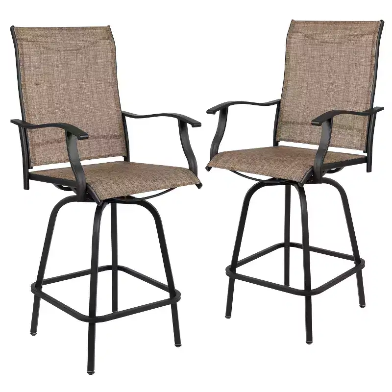 Merrick Lane Set of 2 Brett High Back Bar Height Swivel Patio Stools with Powder Coated Metal Frames and Textilene Upholstery