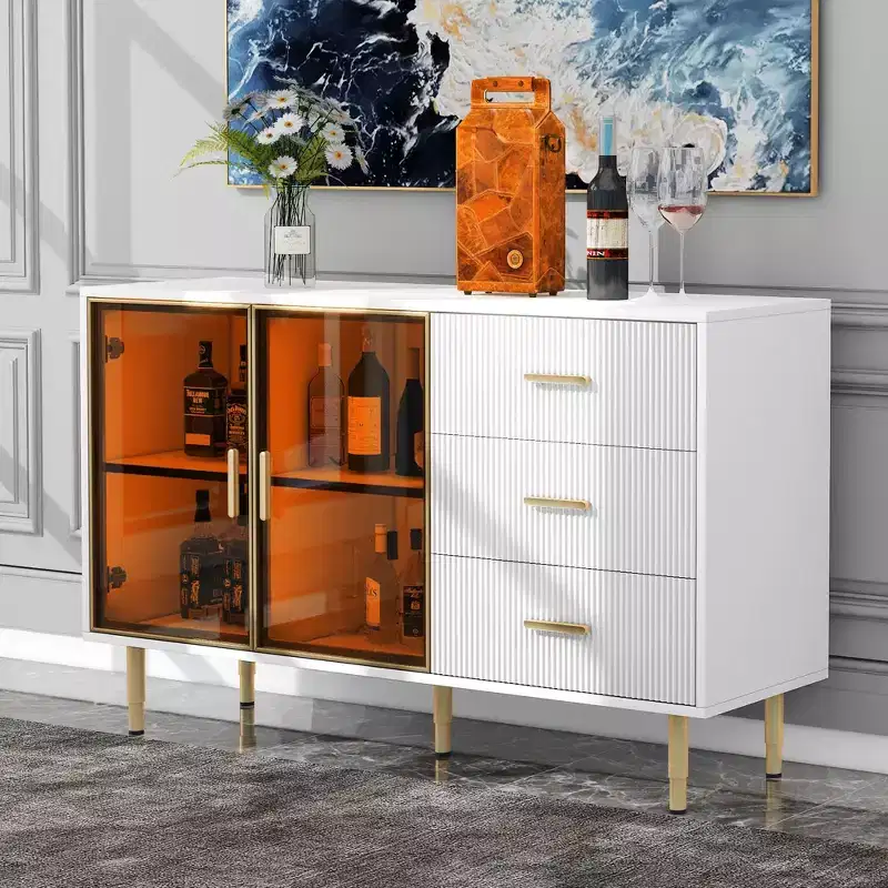 Modern Sideboard, Buffet Storage Cabinet with Amber-yellow Tempered Glass Doors and Gold Metal Legs & Handles-ModernLuxe