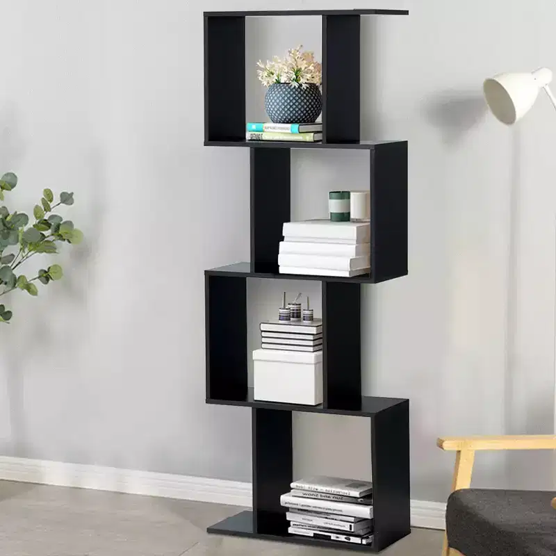 4-Tier S-Shaped Bookcase Free Standing Storage Rack, Black