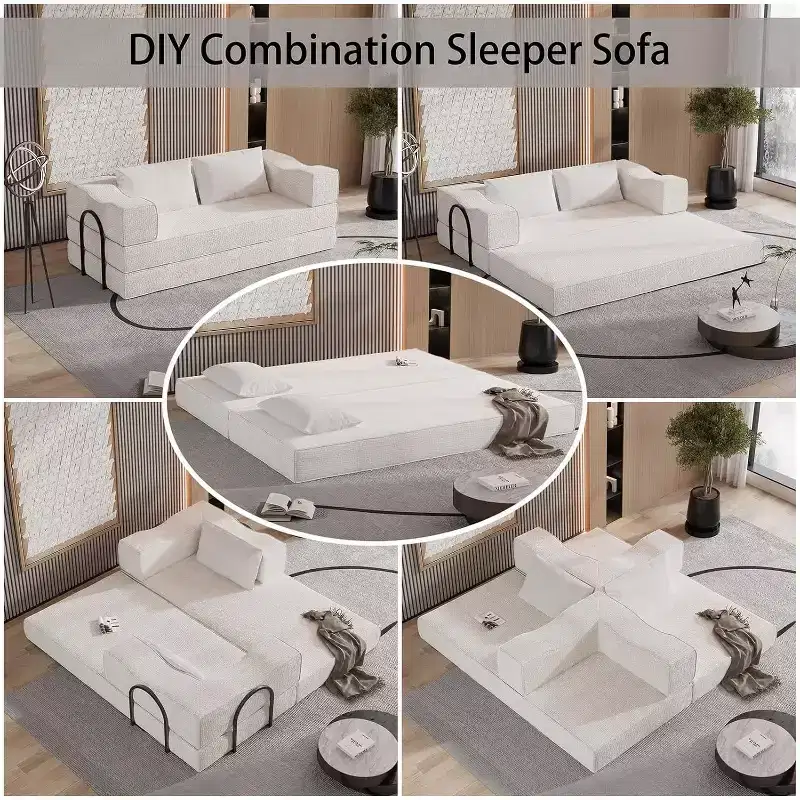 MooxvMoo 80 Convertible Couch Bed with 2 Pillows, 3 Seat Floor Sofa, King Size Sleeper, DIY Combination, Chenille, Beige White