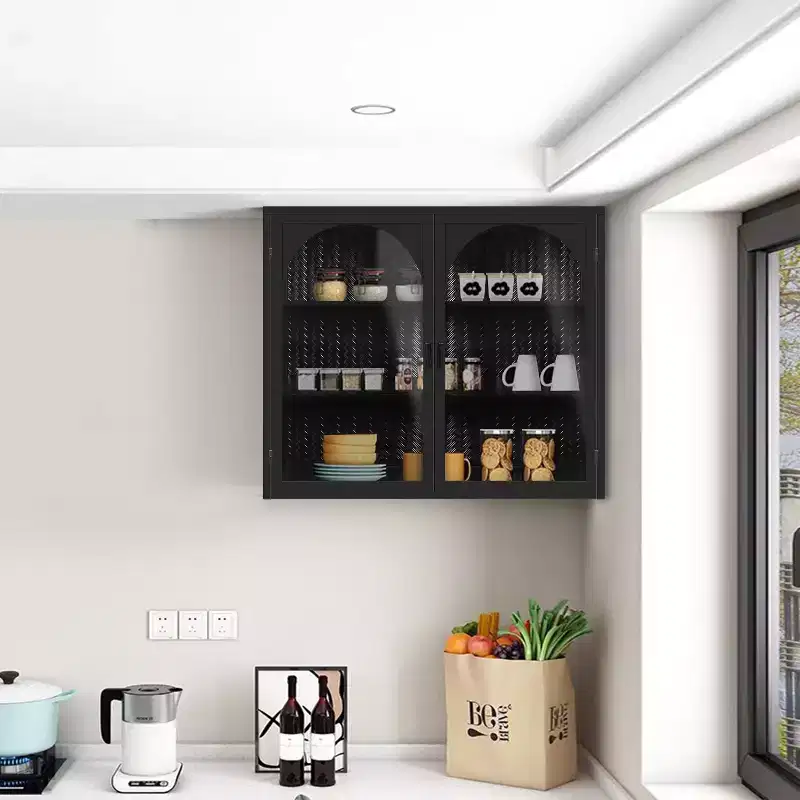 Okak Woven Pattern 2-door Wall Cabinet with Featuring 3-tier Storage Glass Doors for Entryway/Dining Room/Living Room/Kitchen