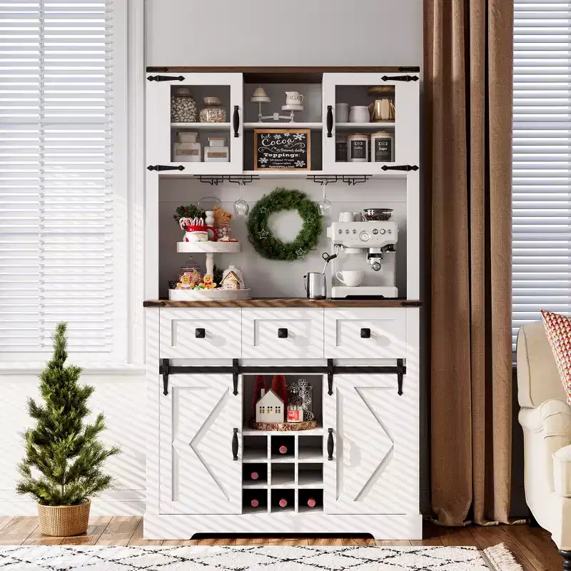 CuisinSmart Farmhouse Bar Cabinet with Sliding Barn Door, Kitchen Buffet Hutch, 3 Drawer Rustic Sideboard for Living Room, Coffee Bar, Pure