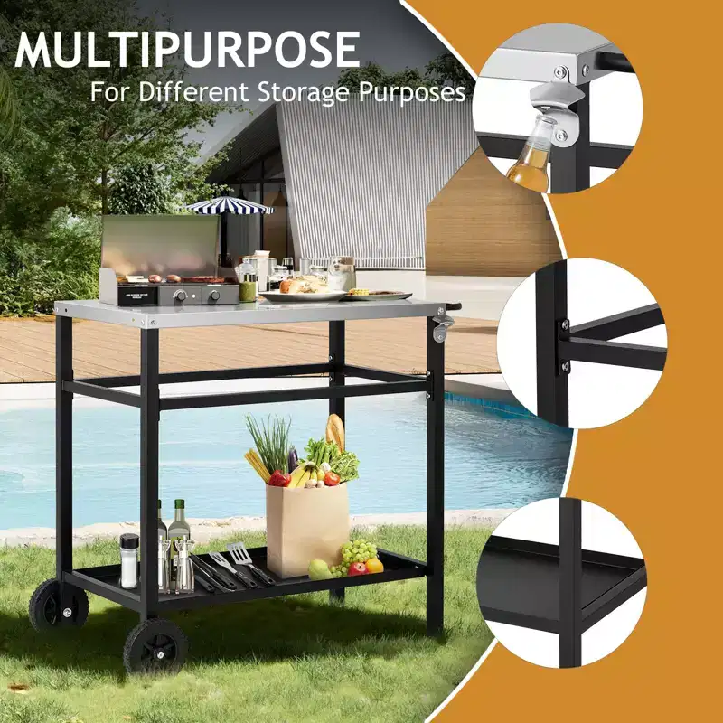 ROVSUN Upgraded Grill Dining Cart Table, Stainless Steel Bar Table Top, Movable Kitchen Island Stand for Outdoor Food Prep, Pizza Oven, Accessories