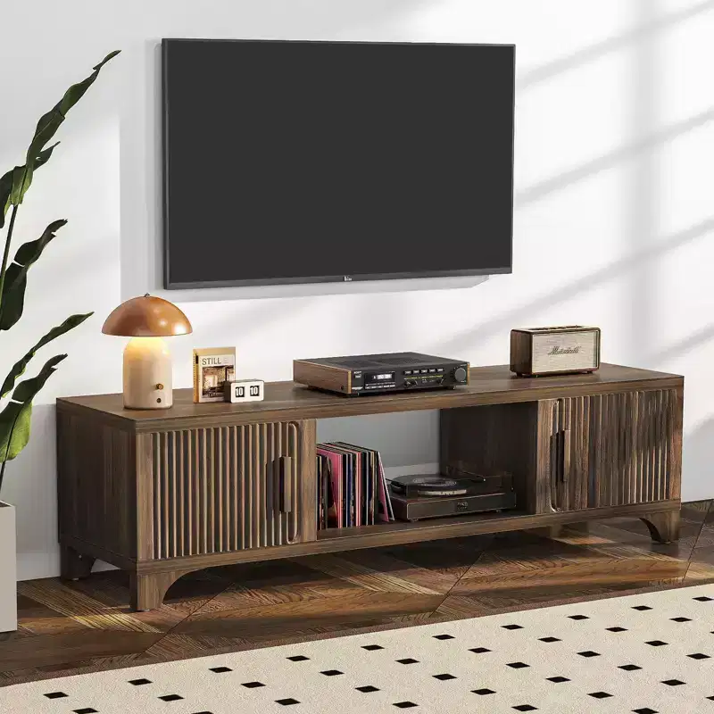 SUGIFT Mid Century Modern TV Stand for 5565 Inch TVs  Boho Media Console with Fluted Doors, Storage Cabinets & Open Shelf