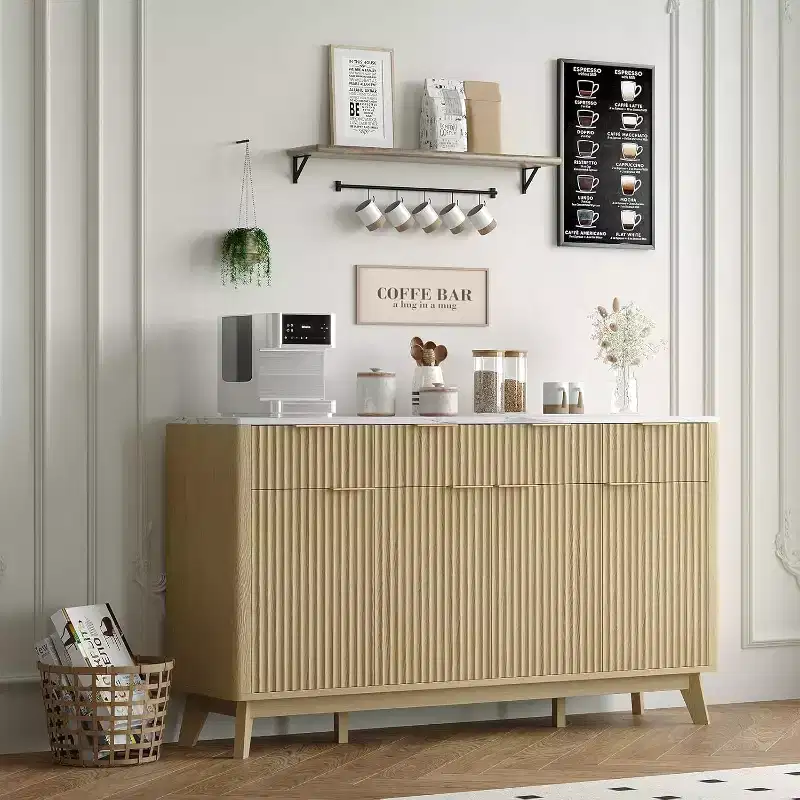 60 Farmhouse Fluted Buffet Cabinet with 3 Drawers and 4 Doors, Sideboard Coffee Bar with Adjustable Shelves
