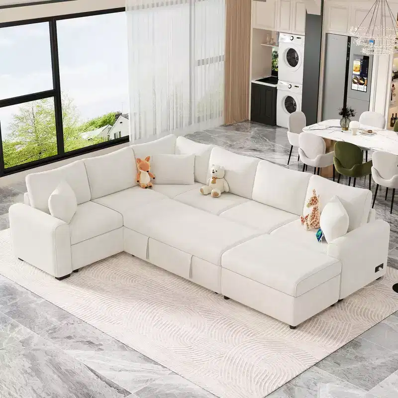 112.2 Modern Sectional Sofa Pull-out Sofa Bed Sleeper with a Storage Ottoman and Three Pillows