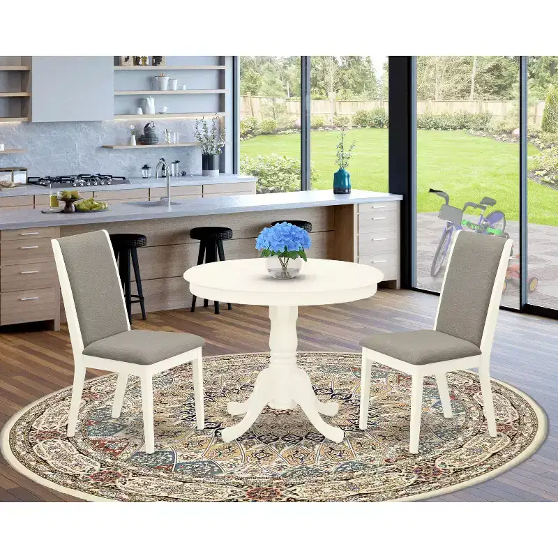 HomeStock Round Kitchen Table Set with 2 Linen Chairs Modern Style