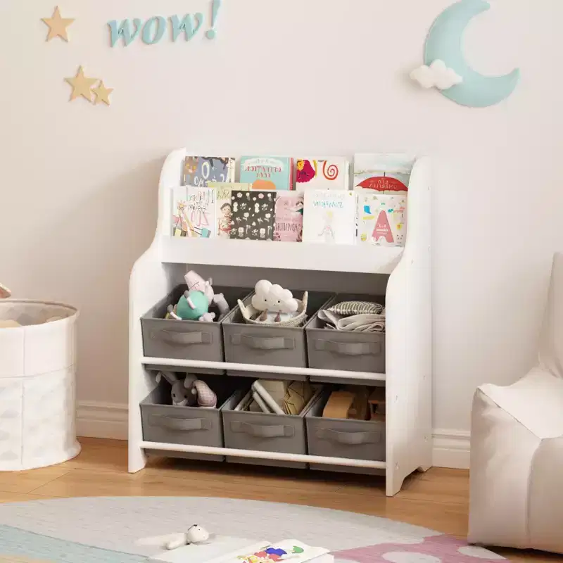 Kids Bookshelf with 6 Fabric Bins, Front-Facing Book Display and Toy Storage Organizer for Playroom or Nursery, White & Gray