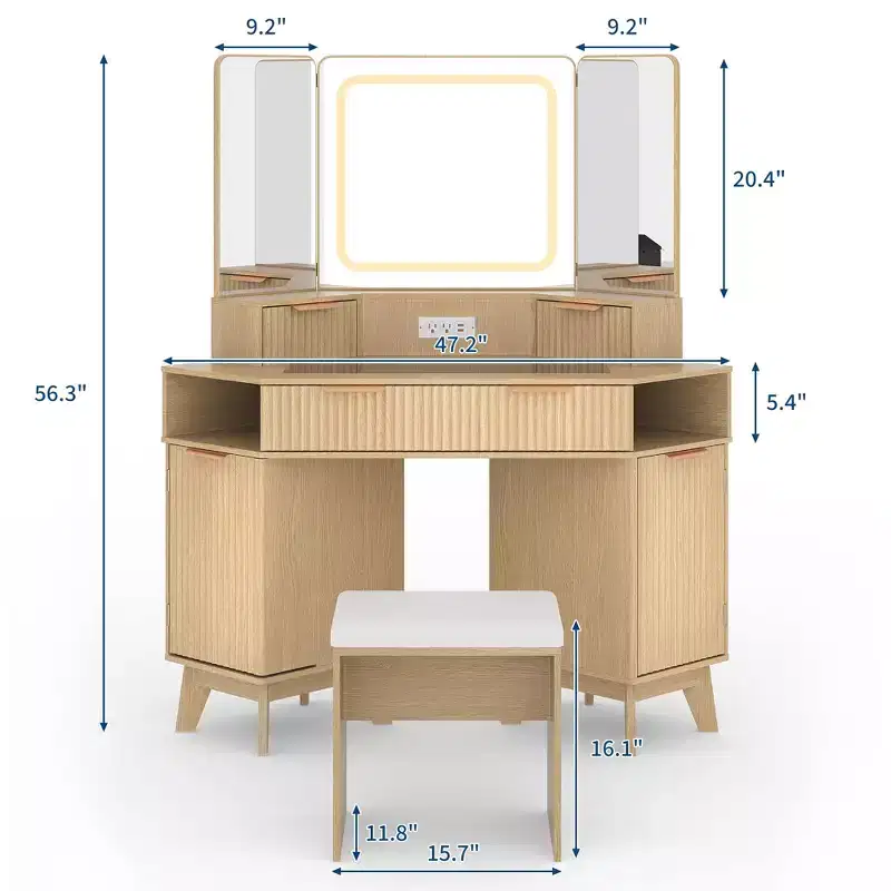 Corner Vanity Makeup Desk Natural Wood, Corner Vanity Table with Glass Top, Corners Vanity Desk with Mirror and Lights and Chair