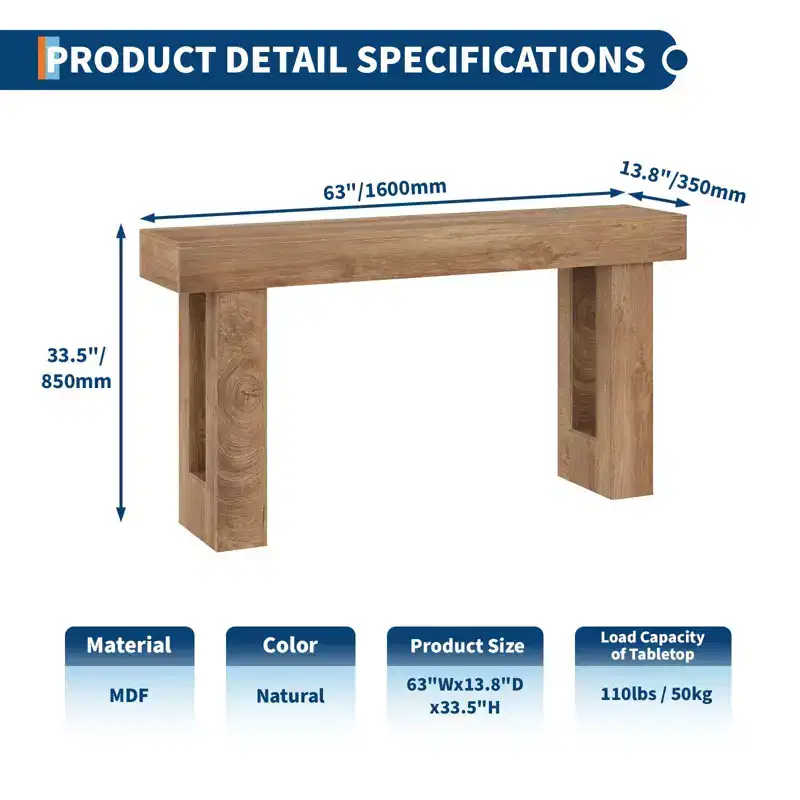 Console Table 63 Inch for Entryway, Sofa Table Narrow Farmhouse Wood Hallway Table for Living Room, Natural