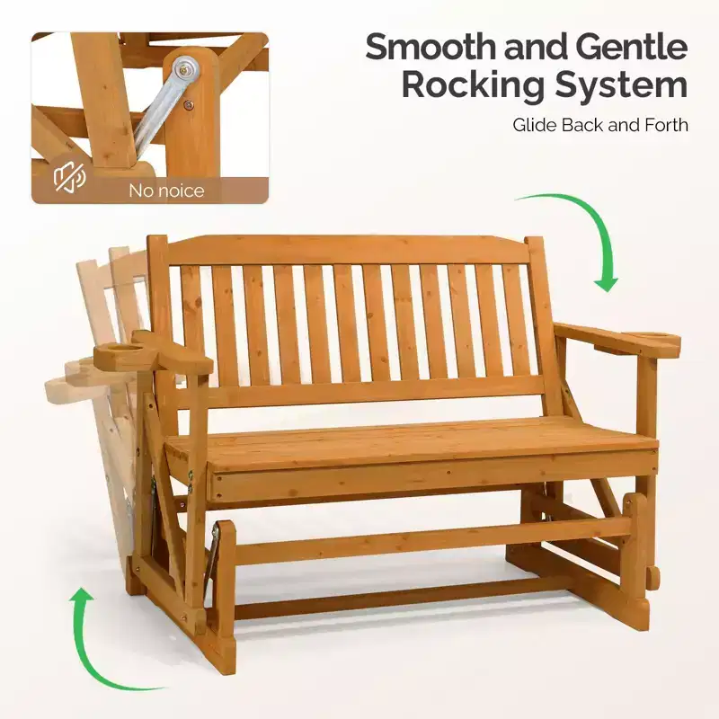 Karl Home | Double-Seat Fir Wood Patio Glider Bench with Vertical Slat Backrest