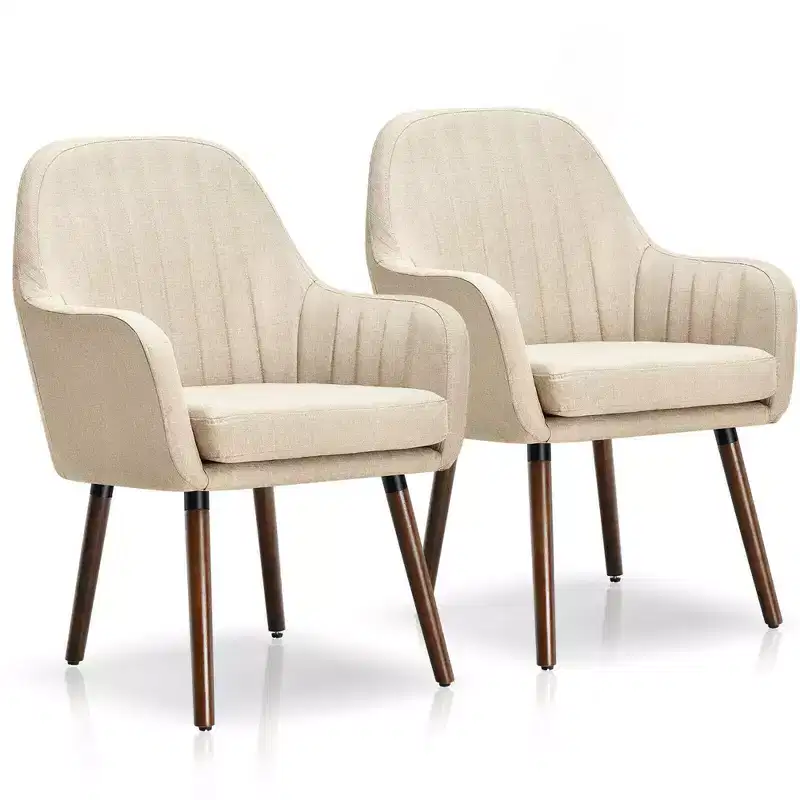 Set of 2 Accent Chairs Fabric Upholstered Armchairs w/Wooden Legs Beige/Gray