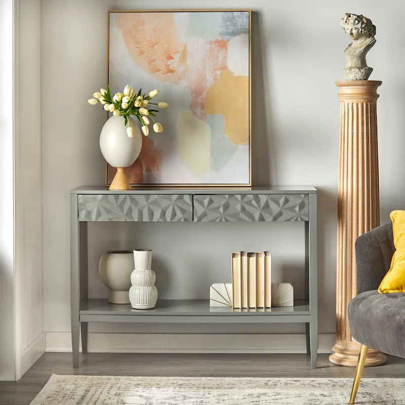 Sofa Table with 2 Geometric Drawers & Open Shelf, MDF & Pine Legs, 43.3