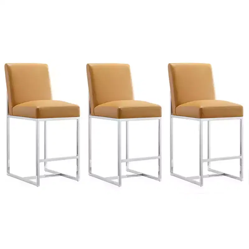 Set of 3 Element Upholstered Stainless Steel Counter Height Barstools - Manhattan Comfort
