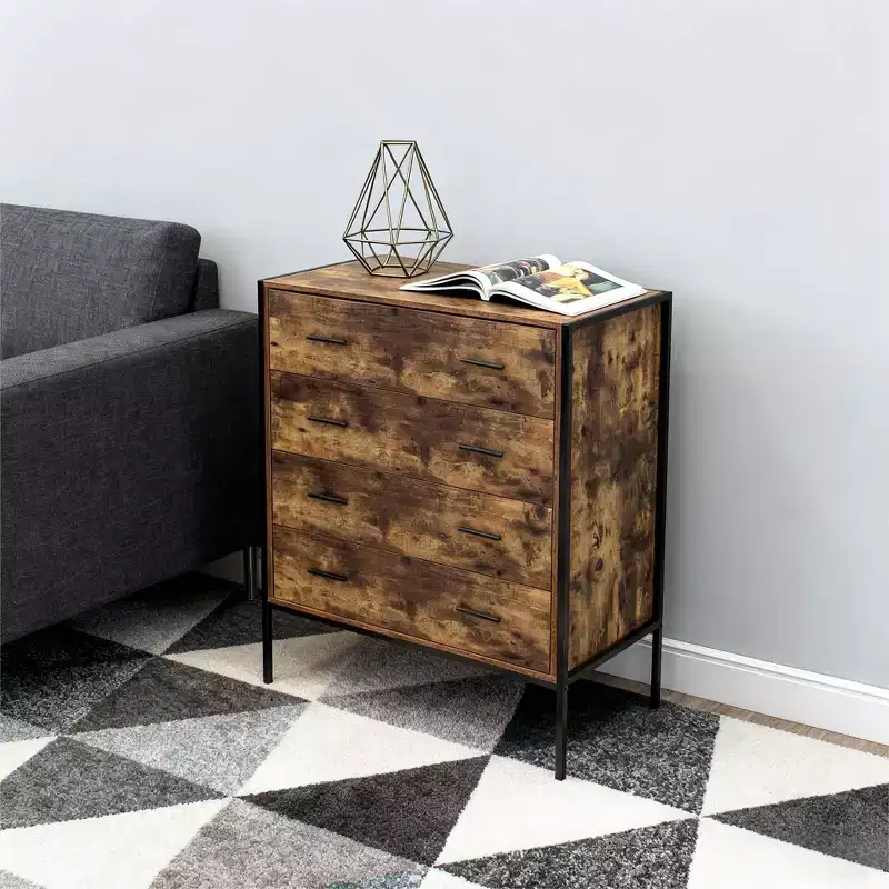 4-Drawer Industrial Style Dresser, Rustic Brown MDF & Steel Frame, Fabric Drawers