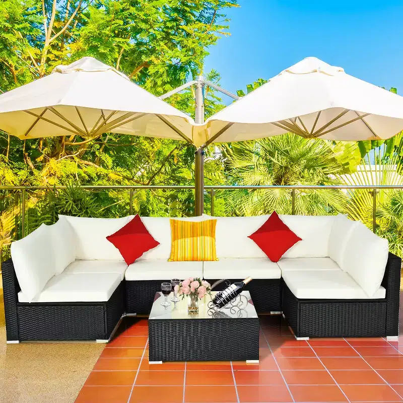 Costway 7PCS Patio Rattan Sofa Set Sectional Conversation Furniture Set Garden Beige/Navy/Gray