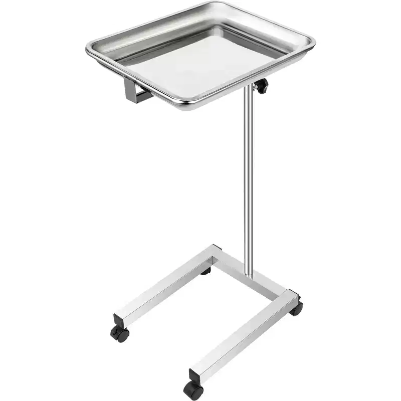 Lab Cart, Stainless Steel Mayo Tray Stand 18 x 14 in Trolley Mayo Stand, Adjustable Height 32-51 in Instrument Tray, Silver