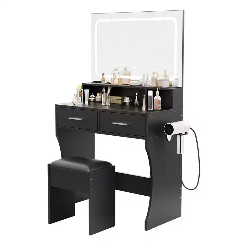 31.5 Large Makeup Vanity Desk with Mirror and Lights, 2 Drawers, Stool, 3 Color Lighting Modes, Modern Dressing Table for Bedroom