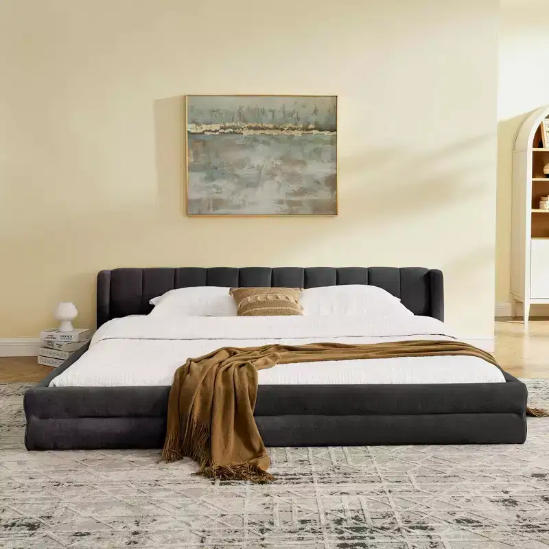King Size Upholstered Platform Bed with Chenille Fabric Headboard, Gray