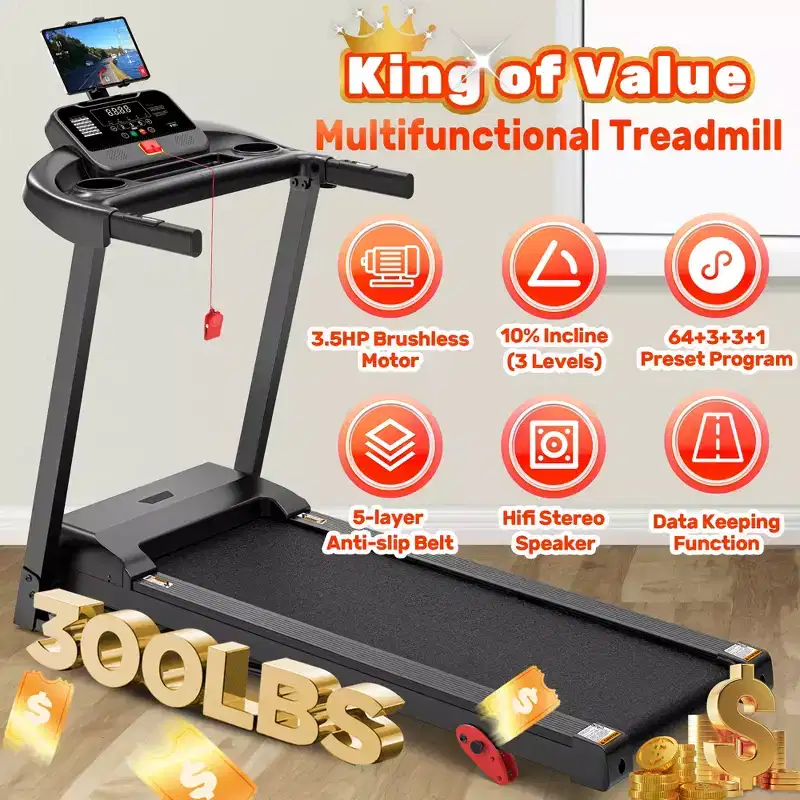 3.5HP Folding Treadmill for Home w/ incline&71 Workouts, 300 lbs Capacity Treadmill,APP w/ Free Train Courses,Dual HiFi Speakers,Exercise Equipment