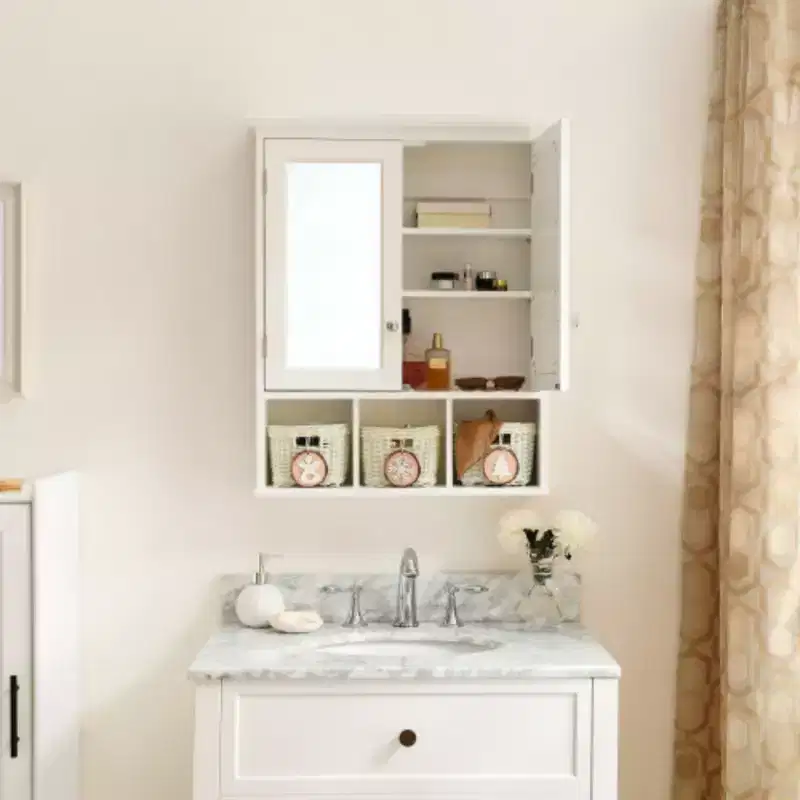 White Wall-Mounted Bathroom Cabinet with Mirror, 2 Doors, 2 Shelves, 3 Baskets