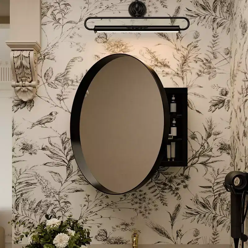 Black / Gold Round Wall-Mount Medicine Cabinet with Mirror, 23.6