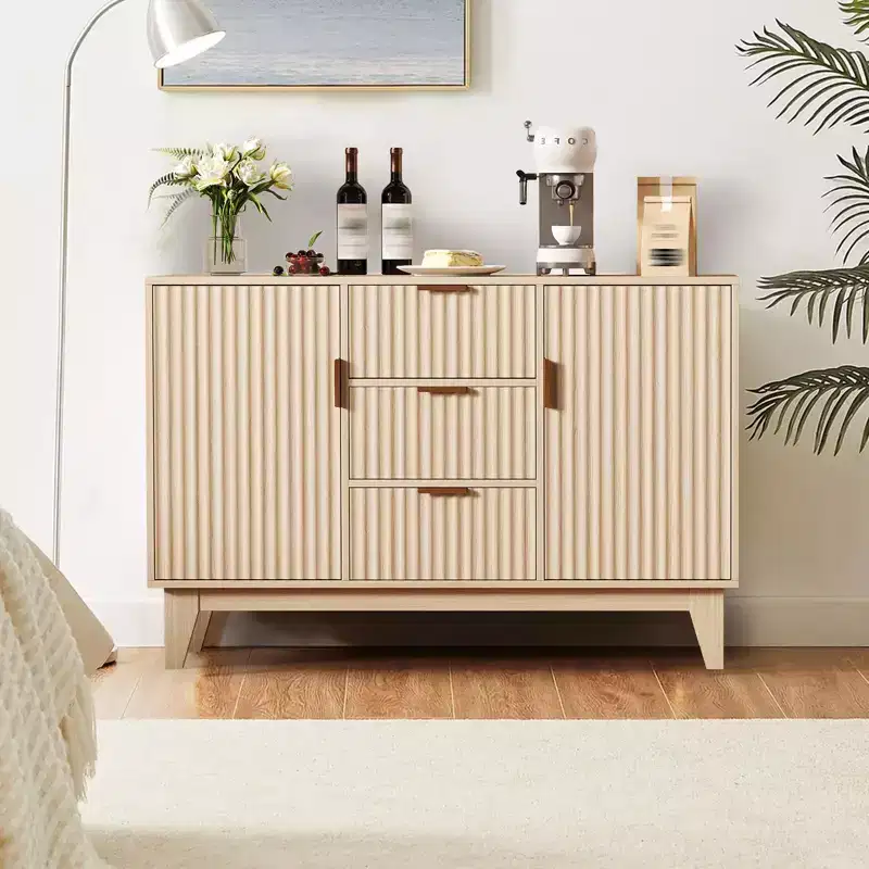 GustoWave Mid Century Storage Cabinet with 3 Drawers, Fluted Buffet Cabinet with Storage, Large Sideboard Cabinet, Coffee Bar Cabinet
