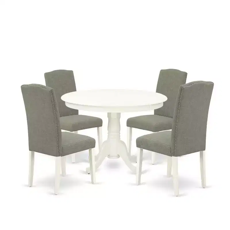 Round Dinette Set 5Pc - 42 Inch Table & 4 Chairs - Modern Kitchen Set - Linen White Legs - Dark Shitake Fabric
