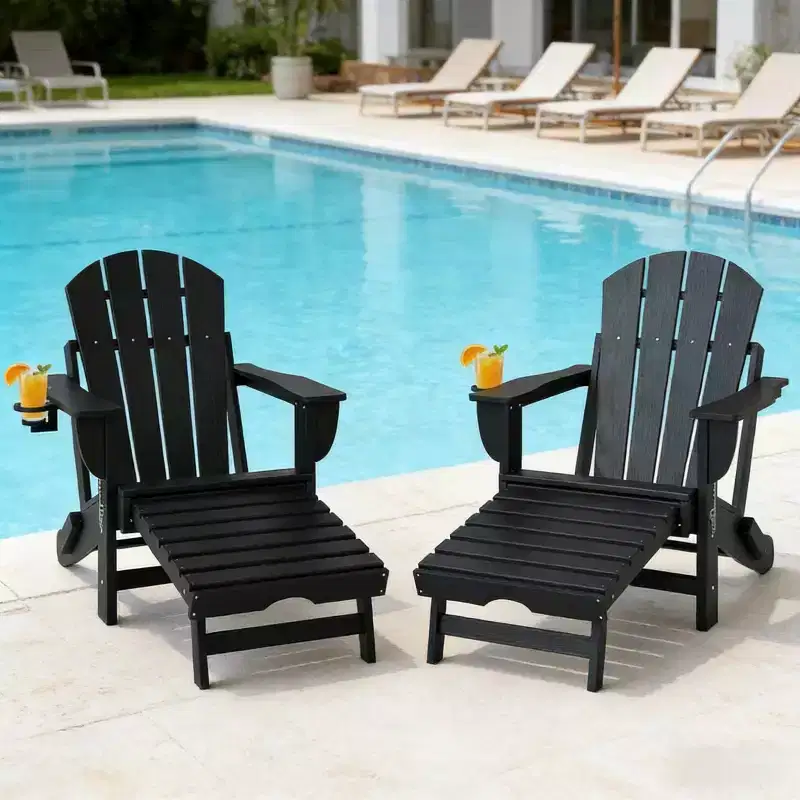 Set of 2 Folding Adirondack Fire Pit Chairs with Hidden Footrest, Oversized Comfort, Cup Holder, All-Weather HDPE Outdoor Patio Seating-Panipeachy