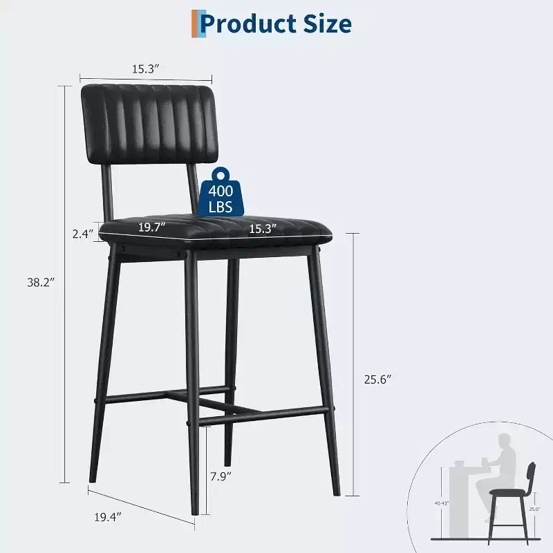 Heavy Duty High Bar Chairs, Thick PU Leather Seat, Ergonomic Backrest, Footrest Metal Structure 400LBS Easy to Clean for Kitchen or Bar
