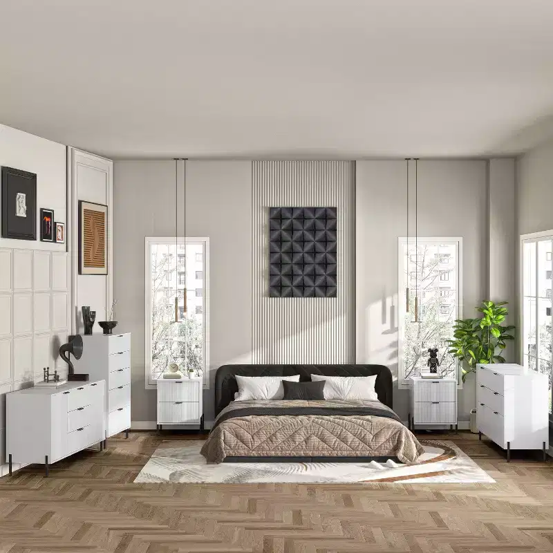 Festivo 5pc Modern Elegance Bedremm Chest and 2 Dressers and 2 Drawer Nightstands Set Off-White