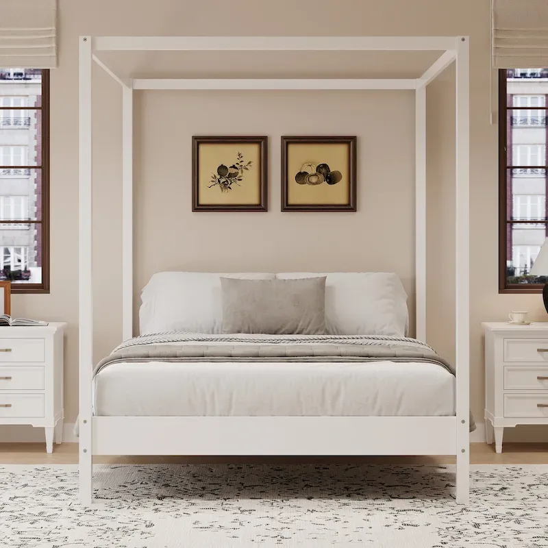 Wood Canopy Bed Frame with Slats Support, No Box Spring Needed