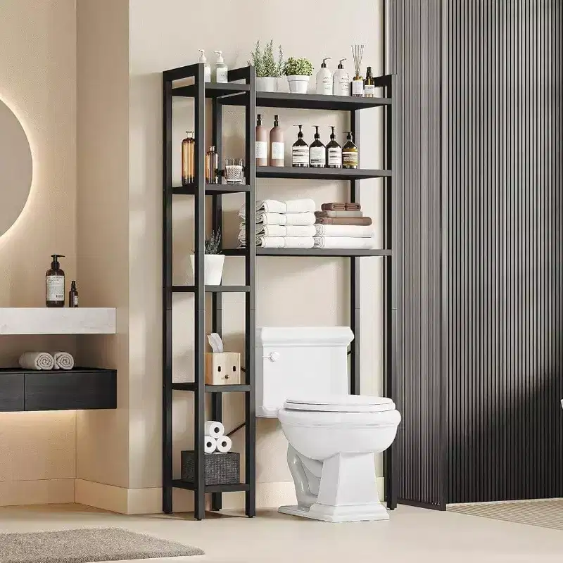 Over Toilet Storage with 8-Tier Shelf – Freestanding Bathroom Organizer, Black