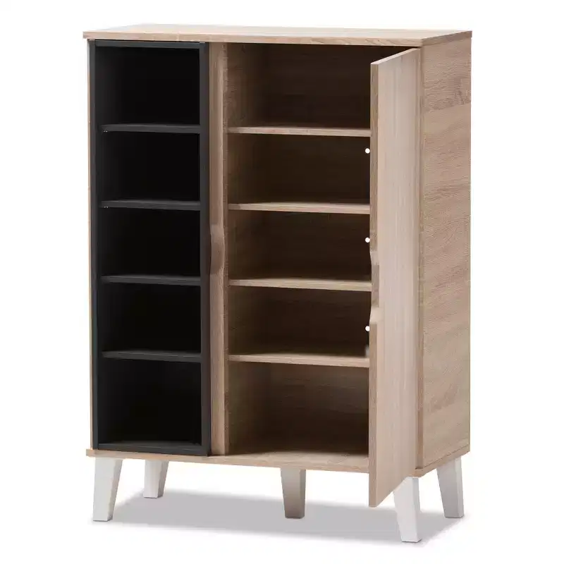 Baxton Studio Adelina Mid-Century Modern 1-Door Wood Shoe Cabinet - Brown : Freestanding Entryway Footwear Organizer, Holds 15 Pairs