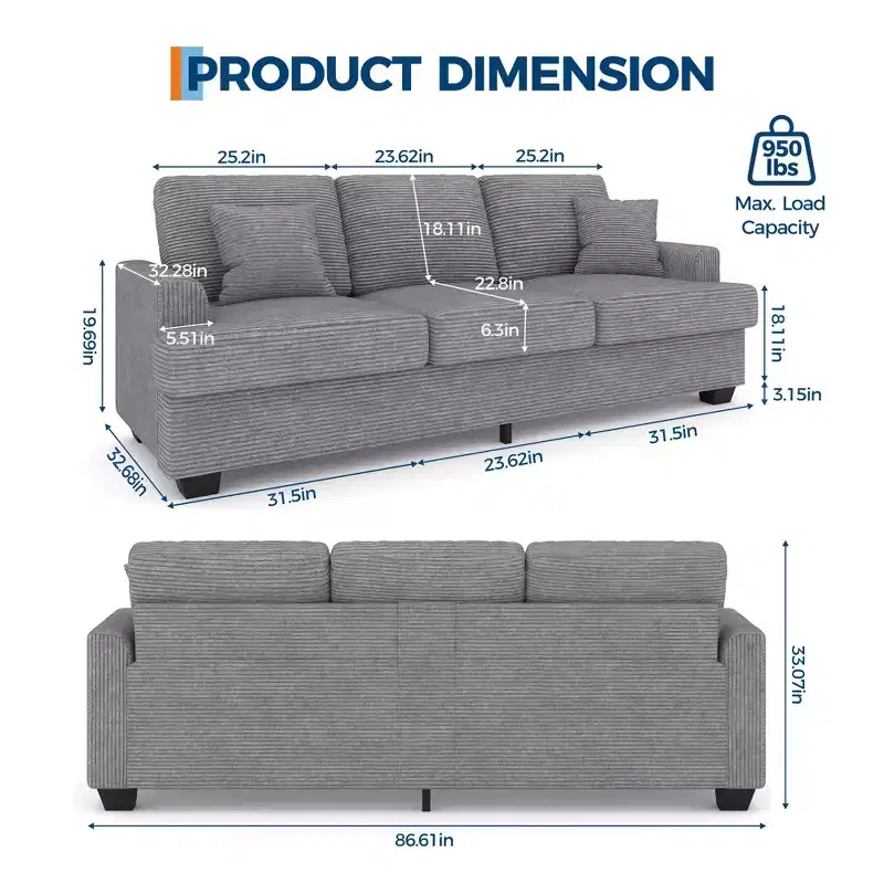 86 Modern Deep Seat Sofa, Comfy Upholstered Couch with 2 Throw Pillows and Removable Covers for Living Room, Apartment & Small Spaces