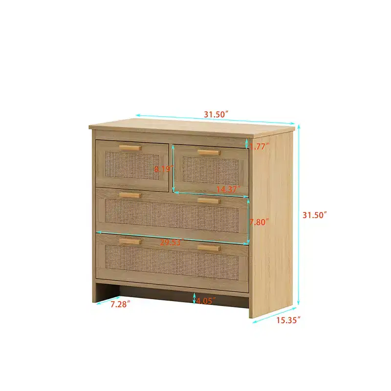 4-Drawers Dresser Modern Rattan Storage Cabinet Wooden Chest For Bedroom Living Room Dining Room Hallways