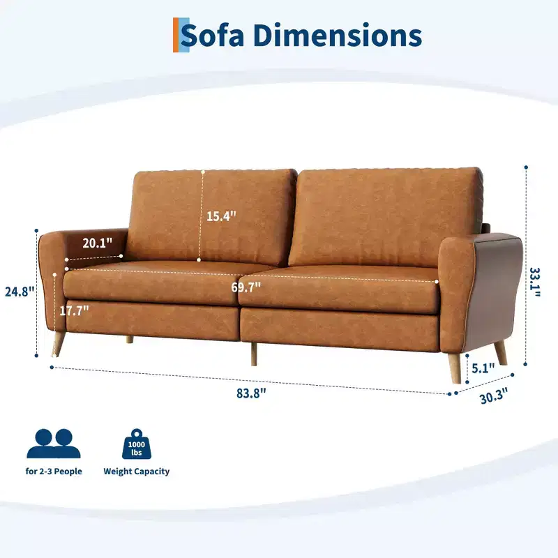 84 Modern Sofa Couch, 3 Seater Upholstered Sofa with Streamlined Armrest, Deep Seat Sleeper Sofa Couch for Living Room Bedroom Apartment, Brown