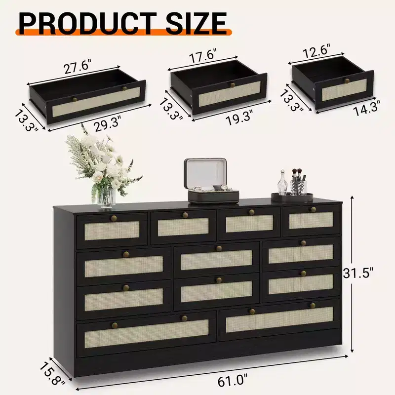 Wood Dressers with 12 Rattan Drawers, 61 Wide Chest of Drawers, Hallway, Wooden Closet Dressers, Modern TV Stand Dresser for 65 Inch TV