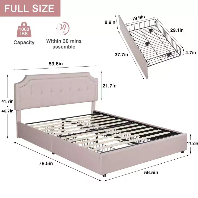Queen/Full Size Bed Frame with Storage Drawers & Charging Ports, Upholstered Platform Bed Frame with Adjustable Headboard, Beige