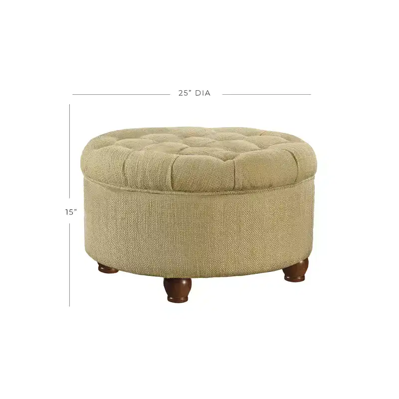 Tan & Cream Tweed Tufted Storage Ottoman with Wood Legs & Lift-Off Lid