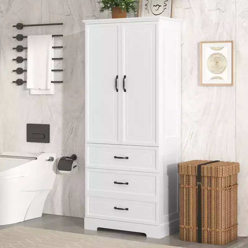 Whisen Tall White Bathroom Cabinet, Large Storage Cabinet with Double Doors, Drawers and Adjustable Shelf