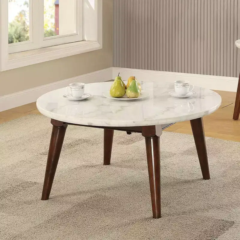 36" Gasha Coffee Table-White Marble Top & Walnut - Acme Furniture: Mid-Century Modern, Round, Wood Legs, No Tools Assembly