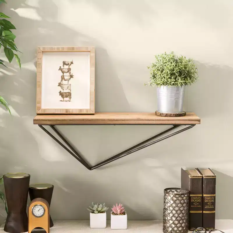 Wall Mount Floating Shelf with Diamond Shaped Iron Bracket Brown -  Modern Pine Wood, Metal Frame