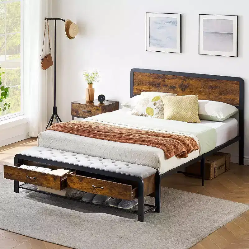Queen&Full Bed Frame with Storage, Upholstered Headboard & 2 Large Drawers, Ottoman Bench Footboard, Metal Slat Support System, Easy Assembly